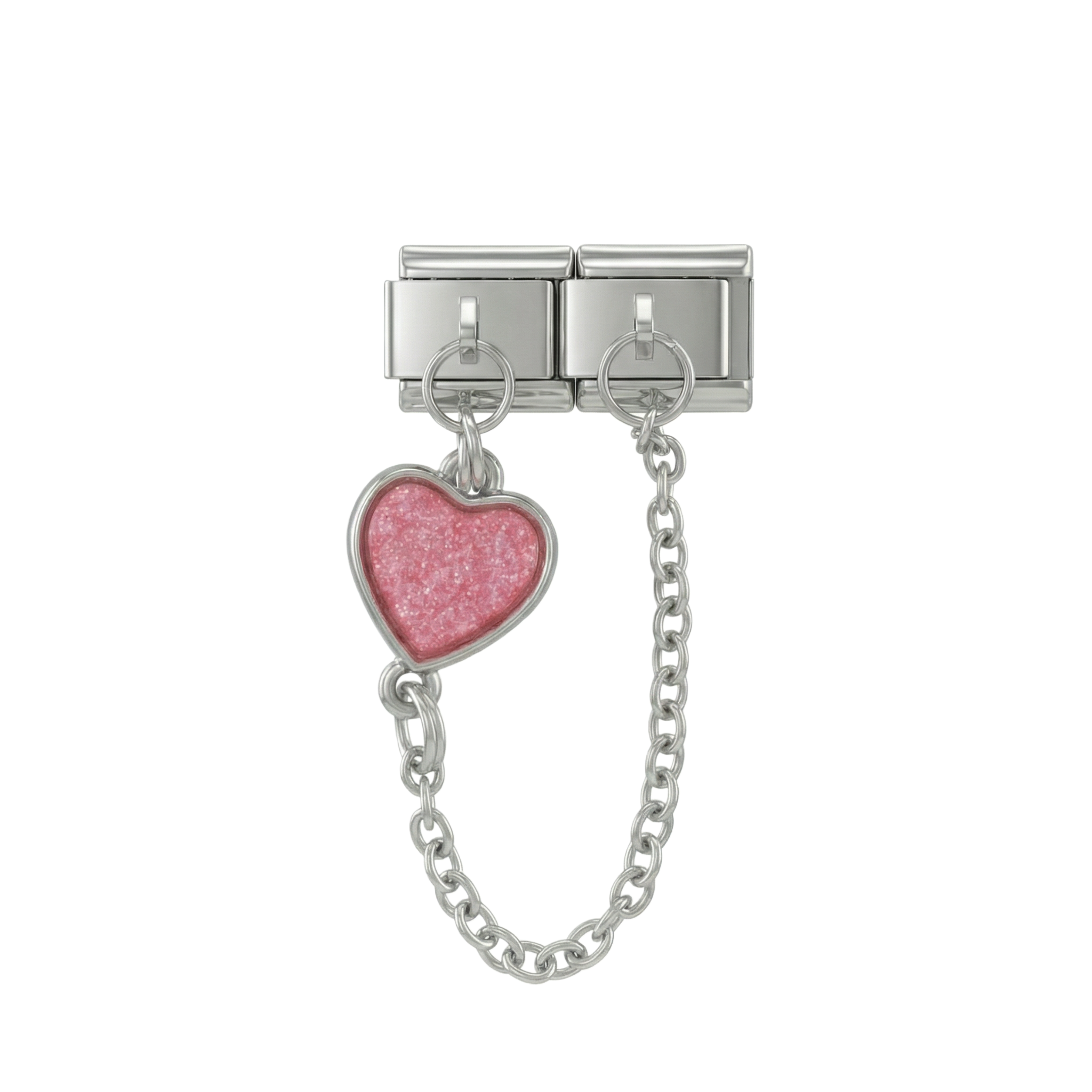 Pink Heart, Double Linked Charms, on Silver