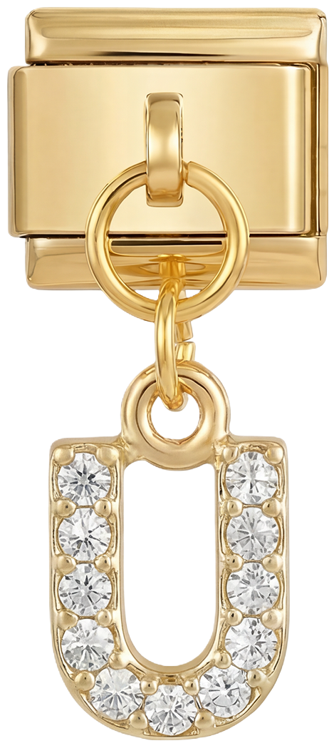 Letter U with stones, Hanging, on Gold - Letter-U-with-stones-hanging-on-gold.png