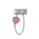 Rózsaszín szív, dupla összekapcsolt Charms, ezüstön