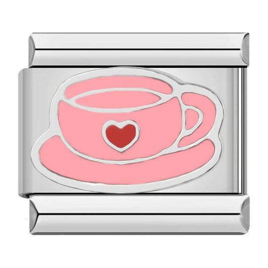 Pink Coffee Cup, Red Heart, on Silver - Charms Official