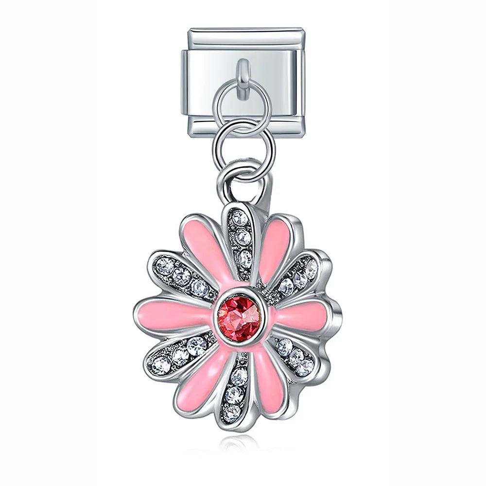 Pink Flower with Stones, on Silver - Charms Official